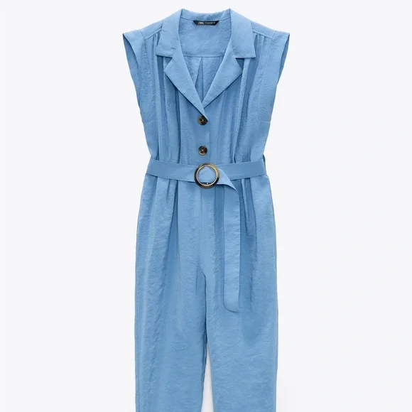 NWT Zara blue short sleeve buttoned up jumpsuit with a tie - Picture 10 of 15